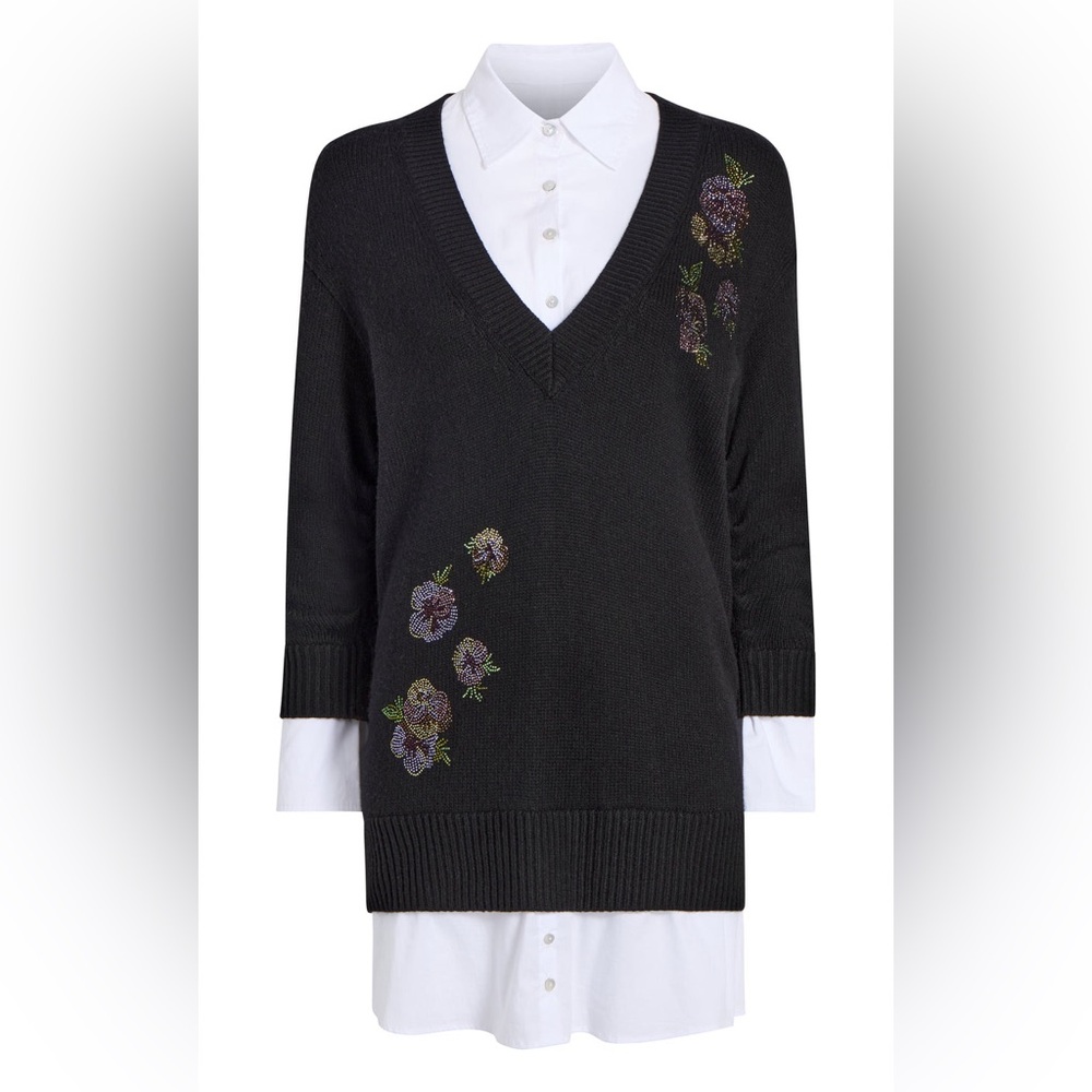 CINQ A SEPT Black White Floral Embroidered Santina Sweater Dress Large 10 12 NWT